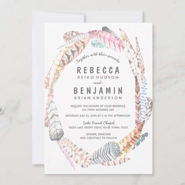 Invitación Watercolor Feathers Rustic Bohemia Invite (Anverso)