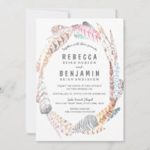 Watercolor Feathers Rustic Bohemia Invite