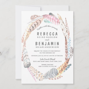Invitación Watercolor Feathers Rustic Bohemia Invite