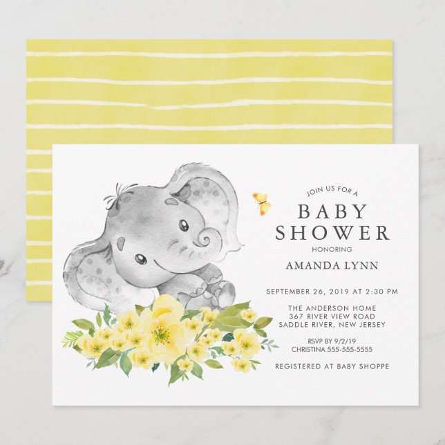 Invitación Watercolor Feliz Elefante Baby Shower Neutral (Anverso / Reverso)