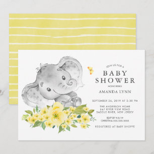 Invitación Watercolor Feliz Elefante Baby Shower Neutral