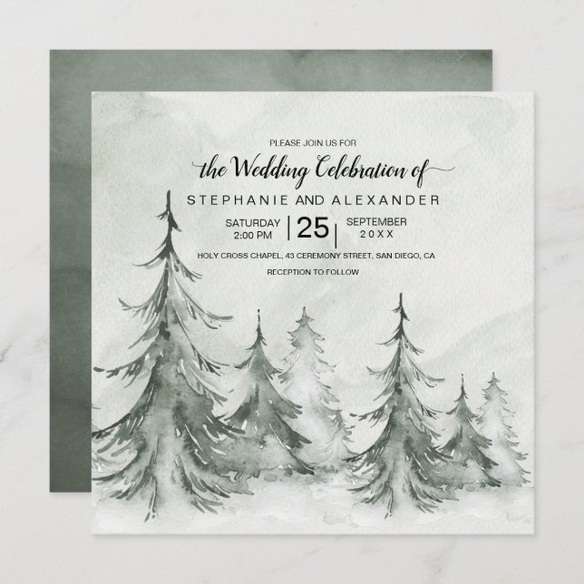 Invitación Watercolor Fir Trees Boda de Invierno (Anverso / Reverso)