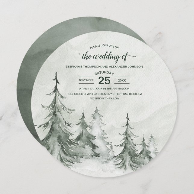 Invitación Watercolor Fir Trees Boda de Invierno (Anverso / Reverso)