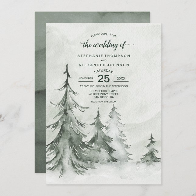 Invitación Watercolor Fir Trees Boda de Invierno (Anverso / Reverso)
