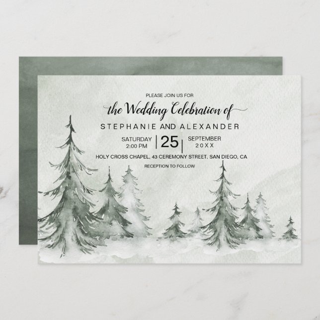 Invitación Watercolor Fir Trees Boda de Invierno (Anverso / Reverso)