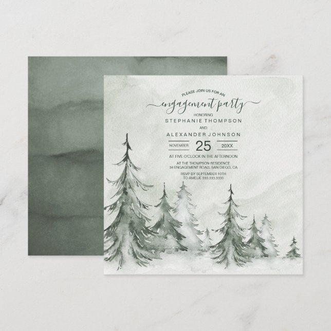 Invitación Watercolor Fir Trees Boda de Invierno (Anverso / Reverso)