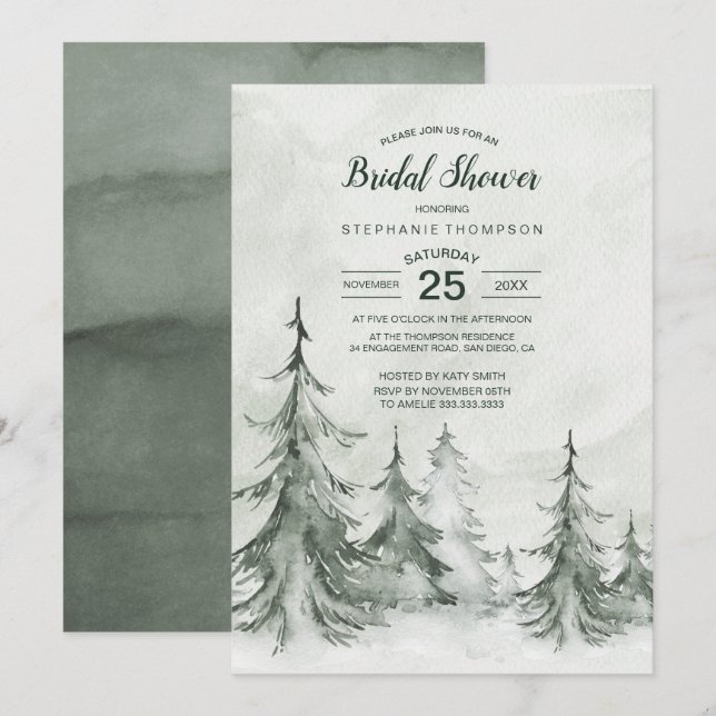 Invitación Watercolor Fir Trees Boda de Invierno (Anverso / Reverso)