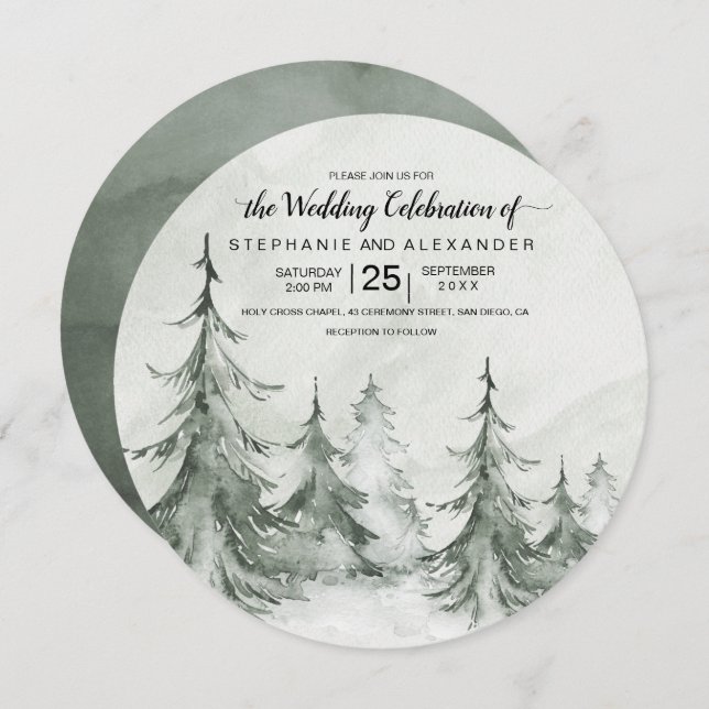 Invitación Watercolor Fir Trees Boda de Invierno (Anverso / Reverso)
