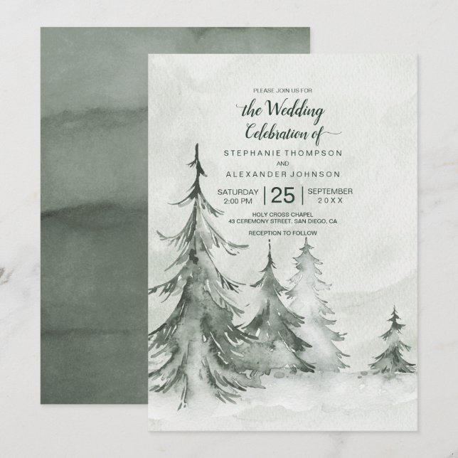 Invitación Watercolor Fir Trees Winter Wedding (Anverso / Reverso)