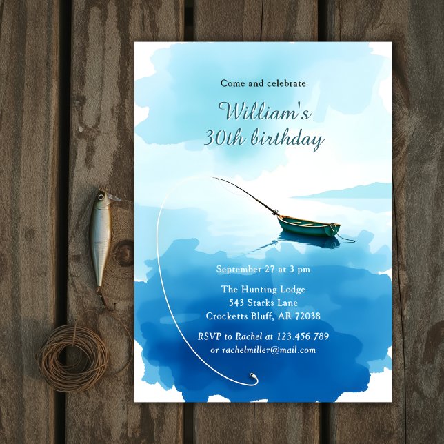 Invitación Watercolor Fishing Boat 30th Birthday Party (Fishing Boat Birthday Invitation for Men – Watercolor 30th Birthday Party Invite)