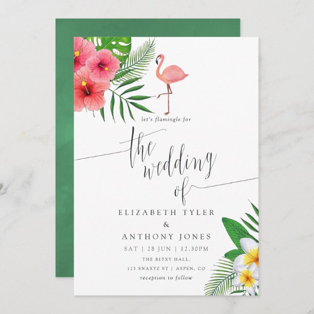 Invitación Watercolor Flamingo Aloha Luau Beach Wedding (Anverso / Reverso)