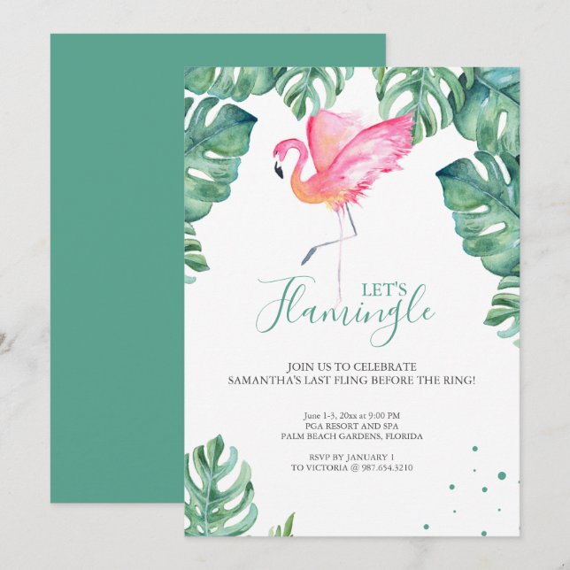 Invitación Watercolor Flamingo Bachelorette (Anverso / Reverso)
