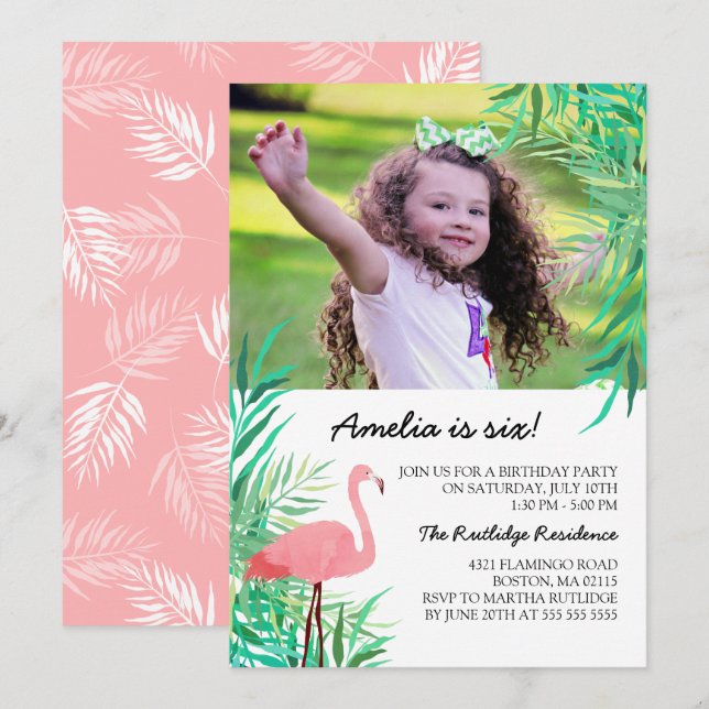 Invitación Watercolor Flamingo Photo Birday Party (Anverso / Reverso)