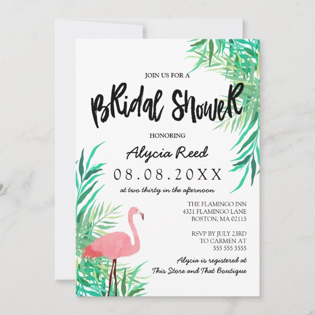 Invitación Watercolor Flamingo Tropical Bridal Shower (Anverso)