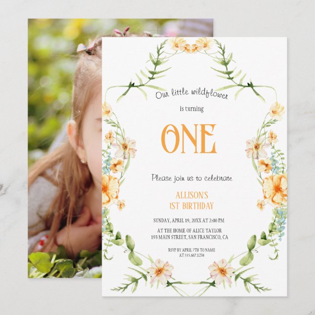 Invitación Watercolor Flor silvestre 1er cumpleaños Chica Mau (Anverso / Reverso)