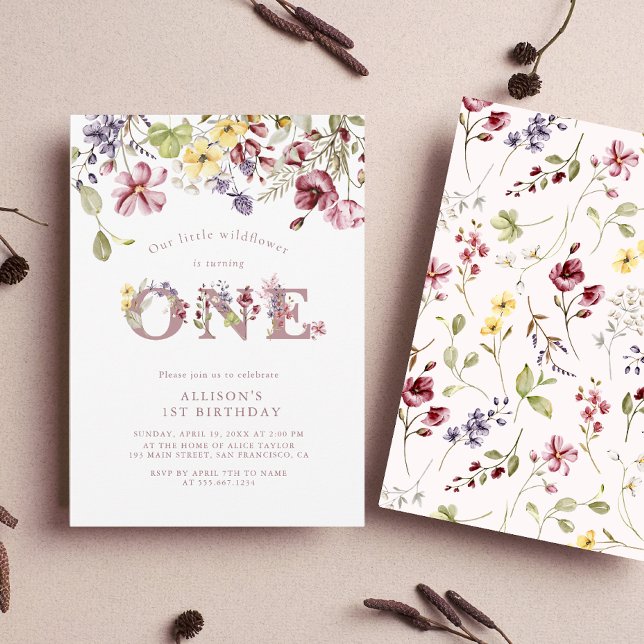 Invitación Watercolor Flor silvestre 1er cumpleaños Chica Mau (Subido por el creador)