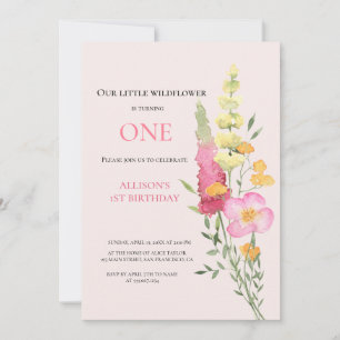Invitación Watercolor Flor silvestre 1er cumpleaños Chica Mau