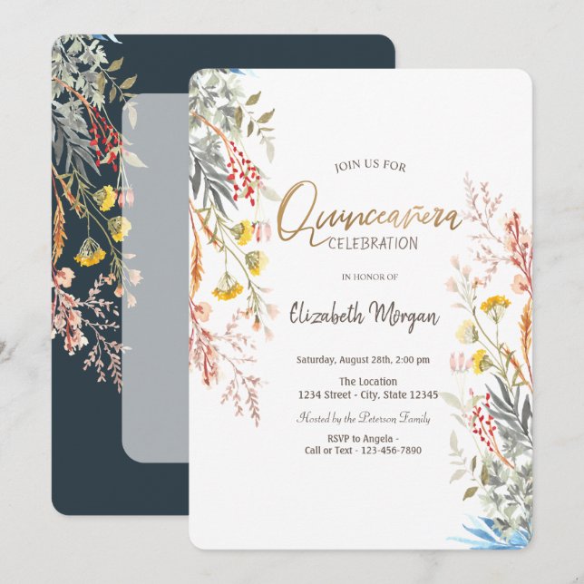 Invitación Watercolor Flor silvestre Meadow Dried Quinceañera (Anverso / Reverso)