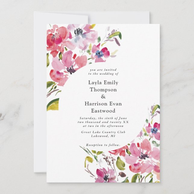 Invitación Watercolor Flor silvestre rosa Boda (Anverso)