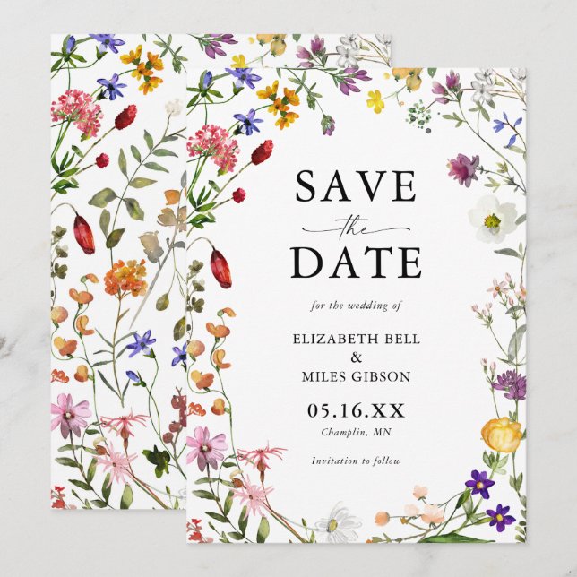 Invitación Watercolor Flor silvestre Wedding Save the Date (Anverso / Reverso)