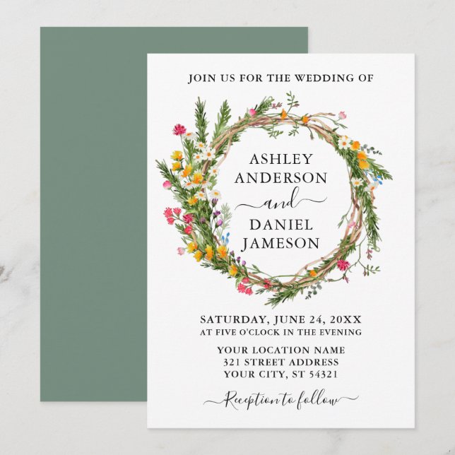 Invitación Watercolor Flor silvestre Wreath Boda Sage Green (Anverso / Reverso)