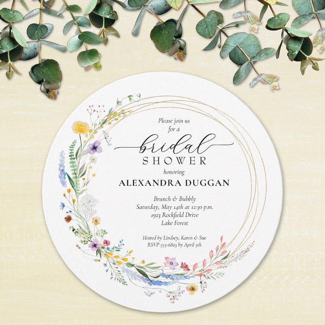 Invitación Watercolor Flor silvestre Wreath Brillante Ducha R (Watercolor wildflower wreath bridal shower round invitations)