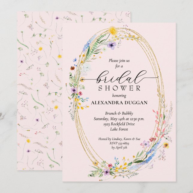Invitación Watercolor Flor silvestre Wreath Pink Bridal Showe (Anverso / Reverso)