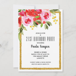 Invitación Watercolor Floral 21ª Fiesta Purpurina de cumpleañ