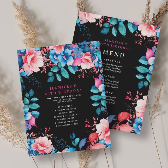 Invitación Watercolor Floral 40th Birthday Program Menú Negro (Watercolor Floral 40th Birthday Program Menu Black)