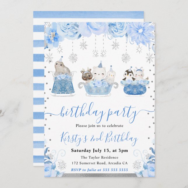 Invitación Watercolor Floral Arctic Animals Birthday (Anverso / Reverso)