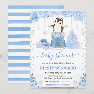 Invitación Watercolor Floral Ártico Pingüino Baby Shower