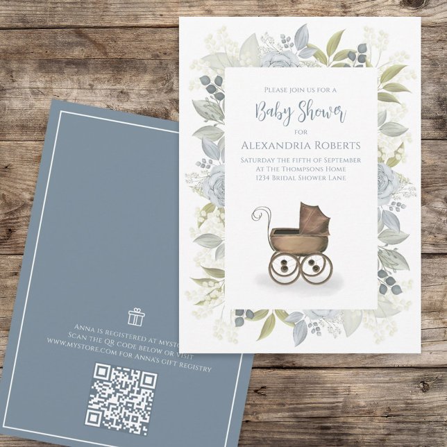 Invitación Watercolor Floral Baby Blue QR Code Regalo (Subido por el creador)