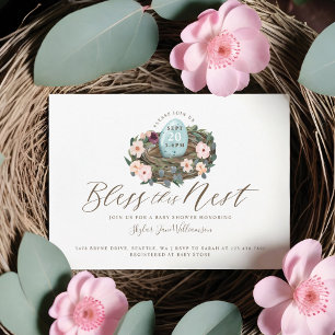 Invitación Watercolor Floral Baby Boy Bird Nest Baby Shower
