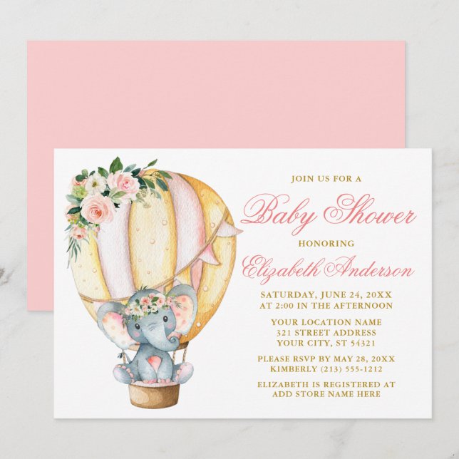 Invitación Watercolor Floral Balloon Elephant Baby Shower (Anverso / Reverso)
