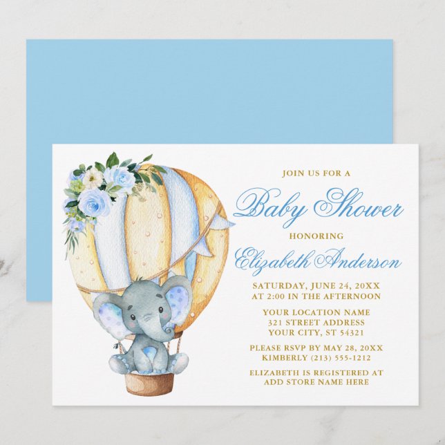 Invitación Watercolor Floral Balloon Elephant Baby Shower (Anverso / Reverso)
