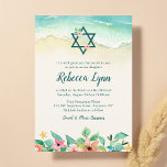 Invitación Watercolor Floral Beach Bat Mitzvah<br><div class="desc">¡Esta elegante invitación a Bat Mitzvah con temática de playa es perfecta para su día especial! El diseño está decorado con flores de acuarela tropical,  Estrella de David y olas oceánicas en la arena.</div>