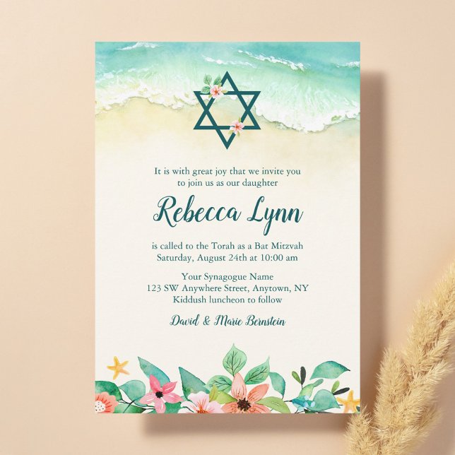 Invitación Watercolor Floral Beach Bat Mitzvah (Subido por el creador)