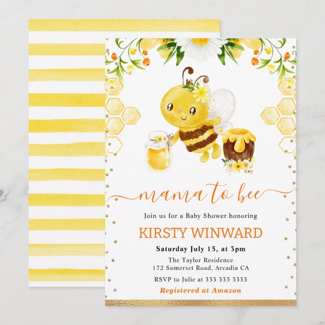 Invitación Watercolor Floral Bee Baby Shower (Anverso / Reverso)