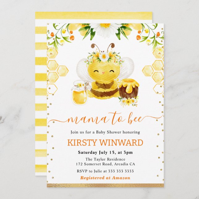 Invitación Watercolor Floral Bee Baby Shower (Anverso / Reverso)