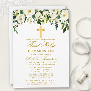 Invitación Watercolor Floral Blanco Primer Oro de la Comunión