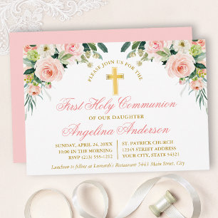 Invitación Watercolor Floral Blanco Rosa Primer Oro Comunista