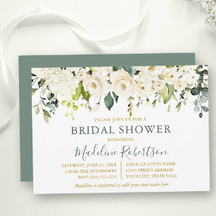 Invitación Watercolor Floral Blanco Sage Green Bridal Shower