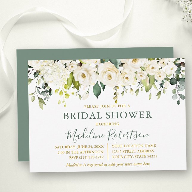 Invitación Watercolor Floral Blanco Sage Green Bridal Shower (Customize to change text size, color, text style or color of back of card.)