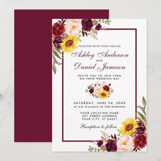Invitación Watercolor Floral Boda Burgundy (Anverso / Reverso)