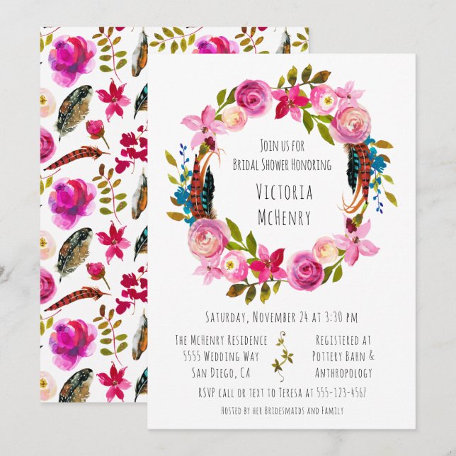 Invitación Watercolor Floral Boho Moda Wreath Bridal Shower (Anverso / Reverso)