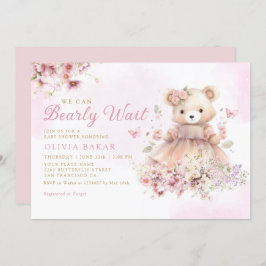 Invitación Watercolor Floral Boho Teddy Bear Chica Baby Showe