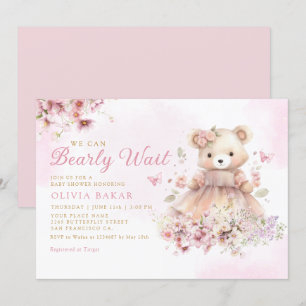 Invitación Watercolor Floral Boho Teddy Bear Chica Baby Showe