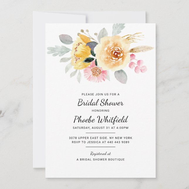 Invitación Watercolor Floral Botánica Bridal Shower (Anverso)