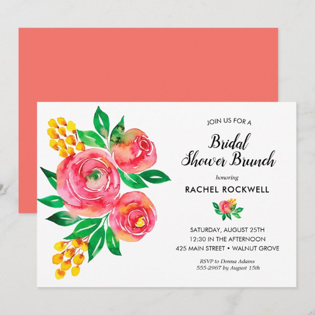 Invitación Watercolor Floral Bridal Shower (Anverso / Reverso)