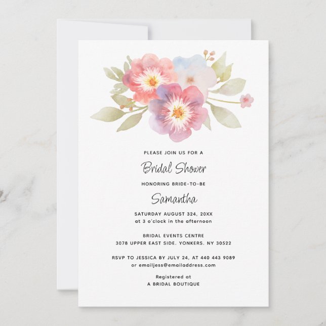 Invitación Watercolor Floral Bridal Shower (Anverso)